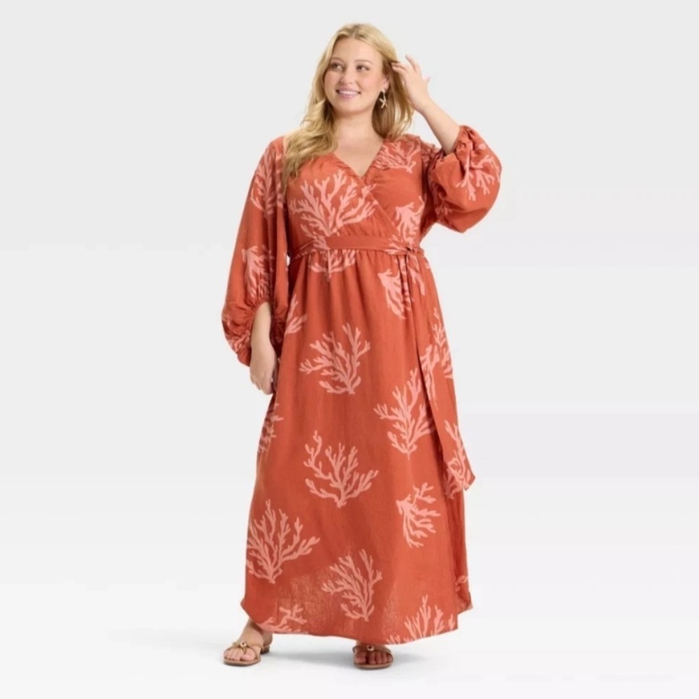 NWT Ava & Viv Rust Coral Print Wrap Maxi Linen Blend Dress